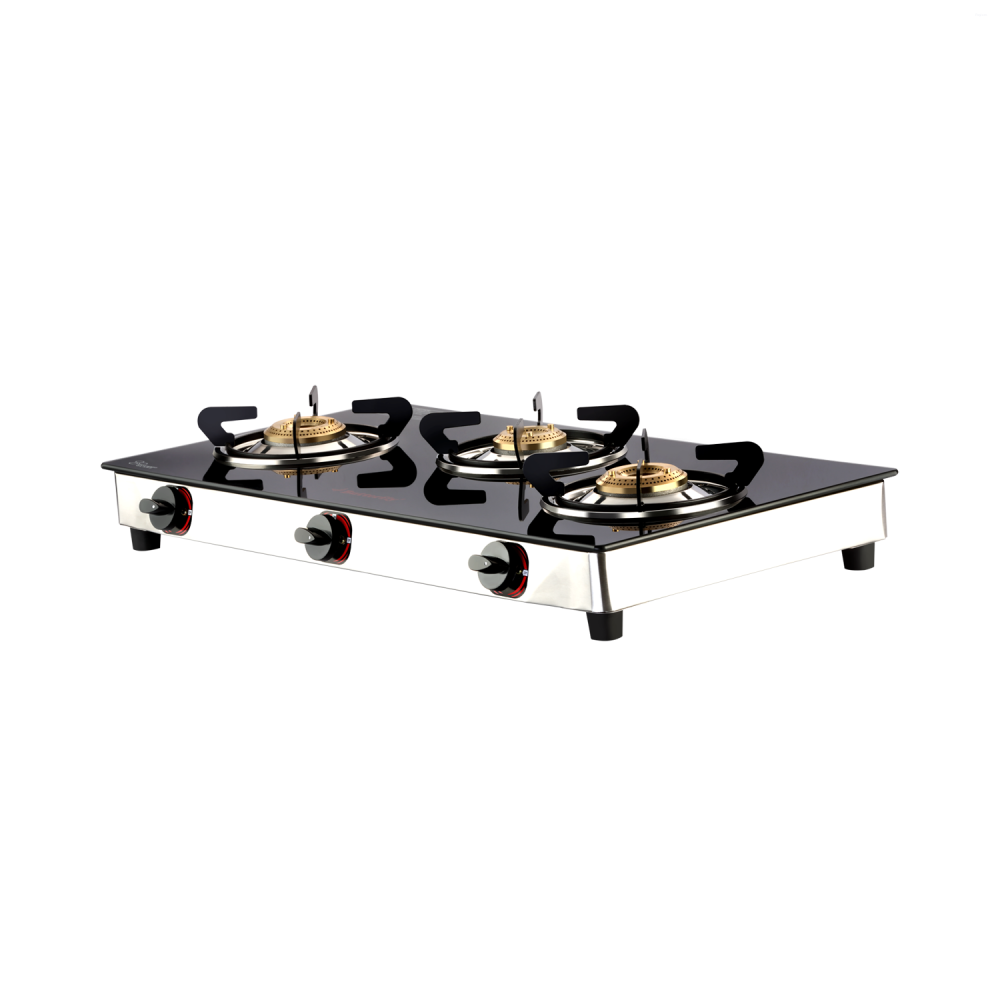 Butterfly Trio Plus 3B 3 Burner Glass Top Gas Stove with Brass Burners, Toughened Glass & ABS Knobs