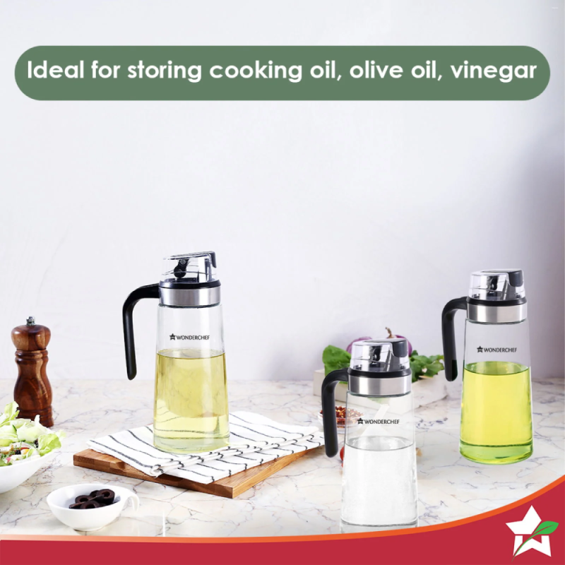 Wonderchef No Drip Oil Pourer 600ml, Glass & Plastic, Gravity Mechanism, Spill-Proof & Transparent