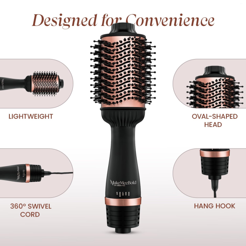 Urban Yog MakeMeeBold 2-in-1 Hot Air Brush with Hair Dryer & Straightener, 3 Temperature & 2 Speed Settings, 360° Airflow Vents, PTC Fast Heating, Ceramic Plates & Auto Shut-Off