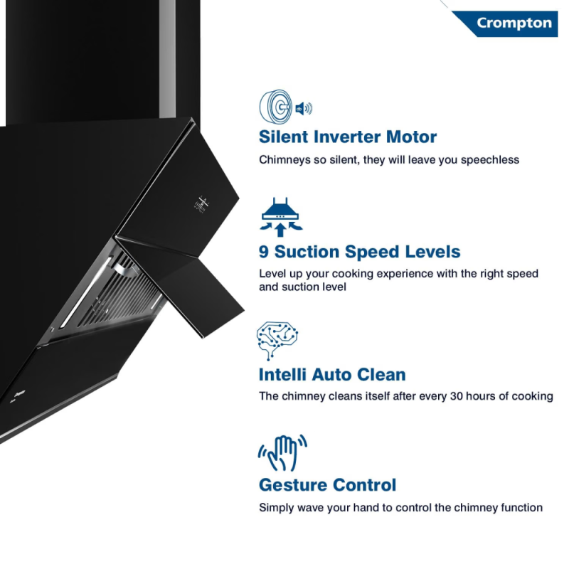 Crompton QuietPro 90cm Inclined Filterless Kitchen Chimney with BLDC Motor, Intelli AutoClean & Gesture Control (CHD-QPVI90FLE-IND)