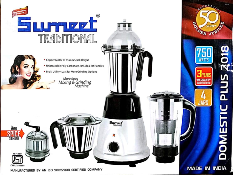 Sumeet Traditional Domestic Plus 2018 750W Mixer Grinder with 4 Jars, Copper Motor & Multi-Utility Blades