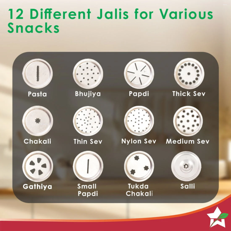 Wonderchef Snacks Maker with 12 Jalis, Stainless Steel Manual Press for Sev, Bhujiya, Chakli, Murukku & Papdi