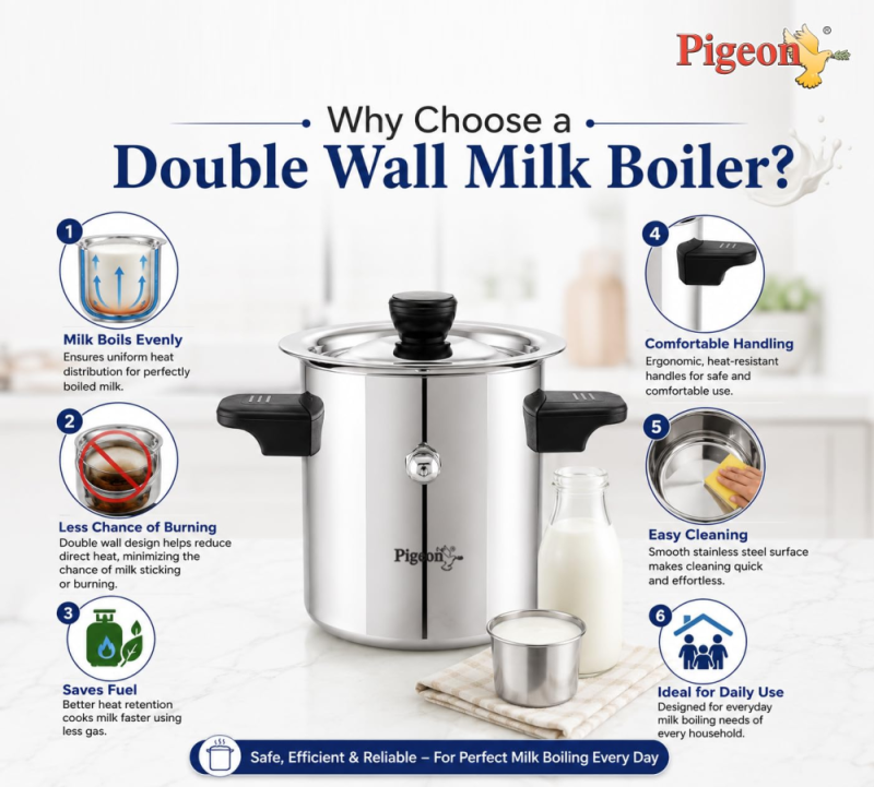 Pigeon Elegant 2 Litre Stainless Steel Milk Boiler with Induction Base, Whistle & Cool-Touch Bakelite Handles
