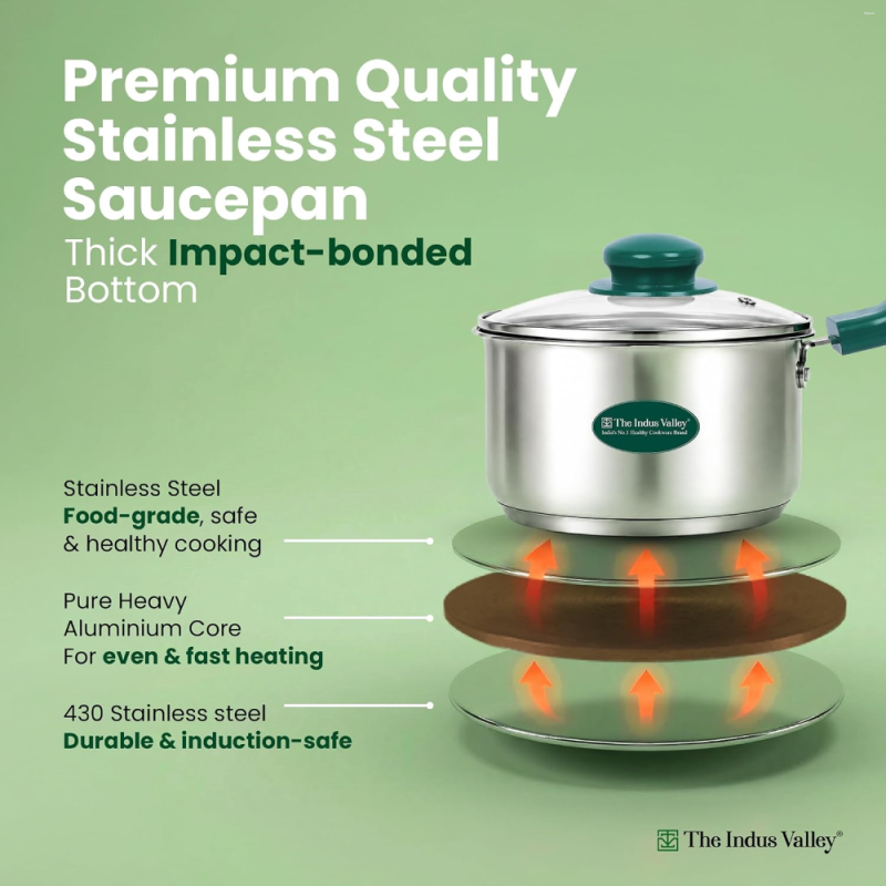 The Indus Valley 1.5L Saucepan Tri-Ply Stainless Steel, Glass Lid KC-TP-SP-005