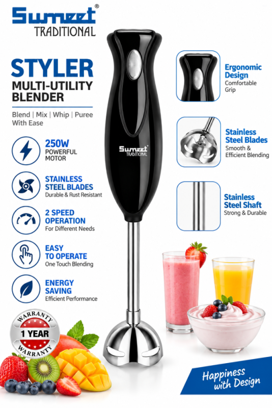 Sumeet Traditional Styler 250W Multi-Utility Blender with Stainless Steel Blades & 2-Speed Operation