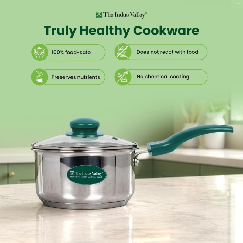The Indus Valley 1.5L Saucepan Tri-Ply Stainless Steel, Glass Lid KC-TP-SP-005