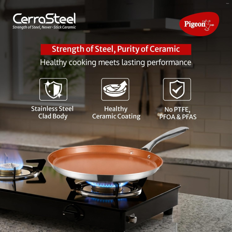 Pigeon CerraSteel Flat Tawa 310 30 cm Non-Stick Cookware, Copper Colour