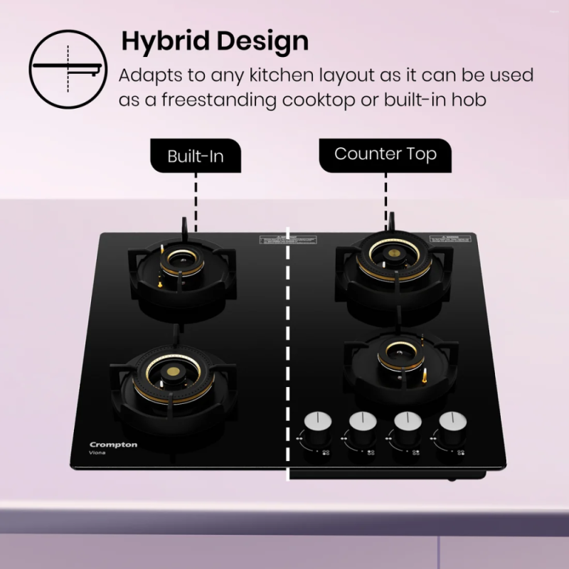Crompton Viona 60cm 4 Burner Built-in Gas Hob with Auto Ignition & Flame Failure Safety (HOB-VNDC604-MBL)