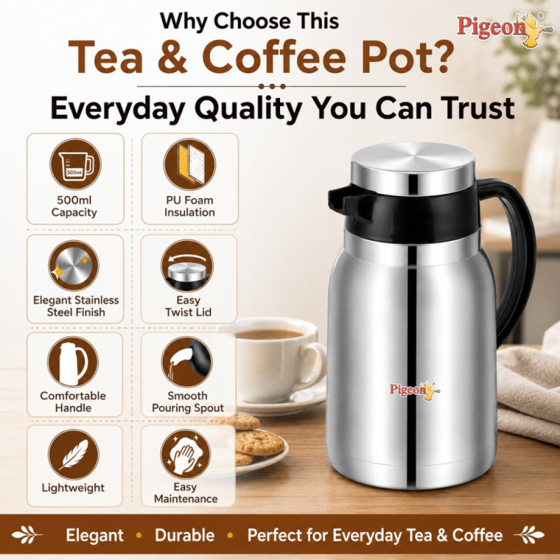 Pigeon Hot Shot 500 ml Stainless Steel Insulated Tea Jug with Double-Wall Vacuum Insulation & Leak-Proof Lid