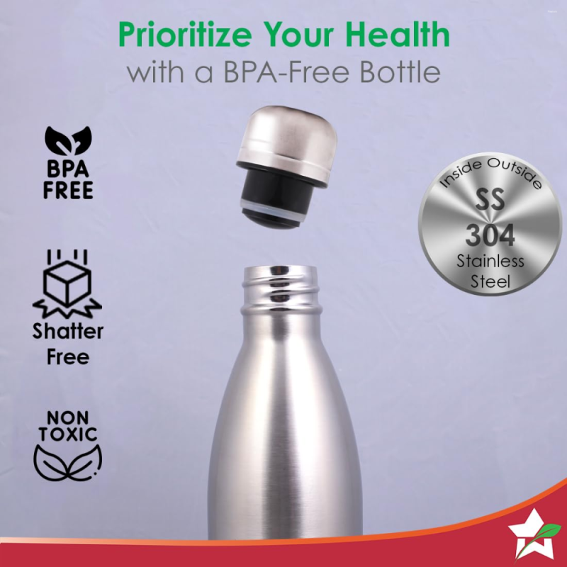 Wonderchef Aqua-Bot 500ml Double Wall Stainless Steel Vacuum Insulated Hot & Cold Flask, Spill & Leak Proof, Silver