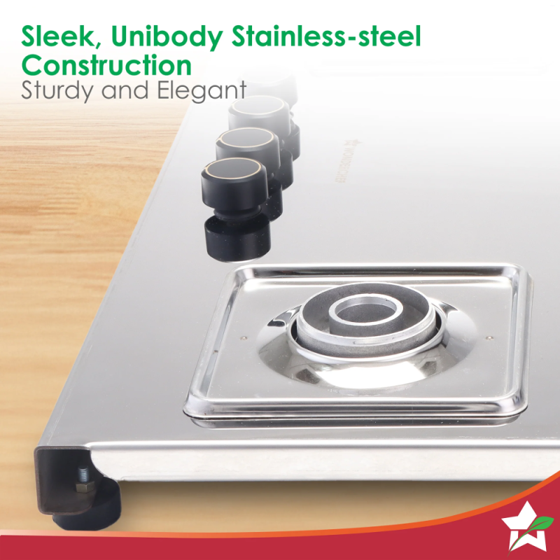 Wonderchef Inox 4 Brass Burner Manual Hobtop, 2mm Stainless Steel, LPG, SABAF Leak-Proof Valves