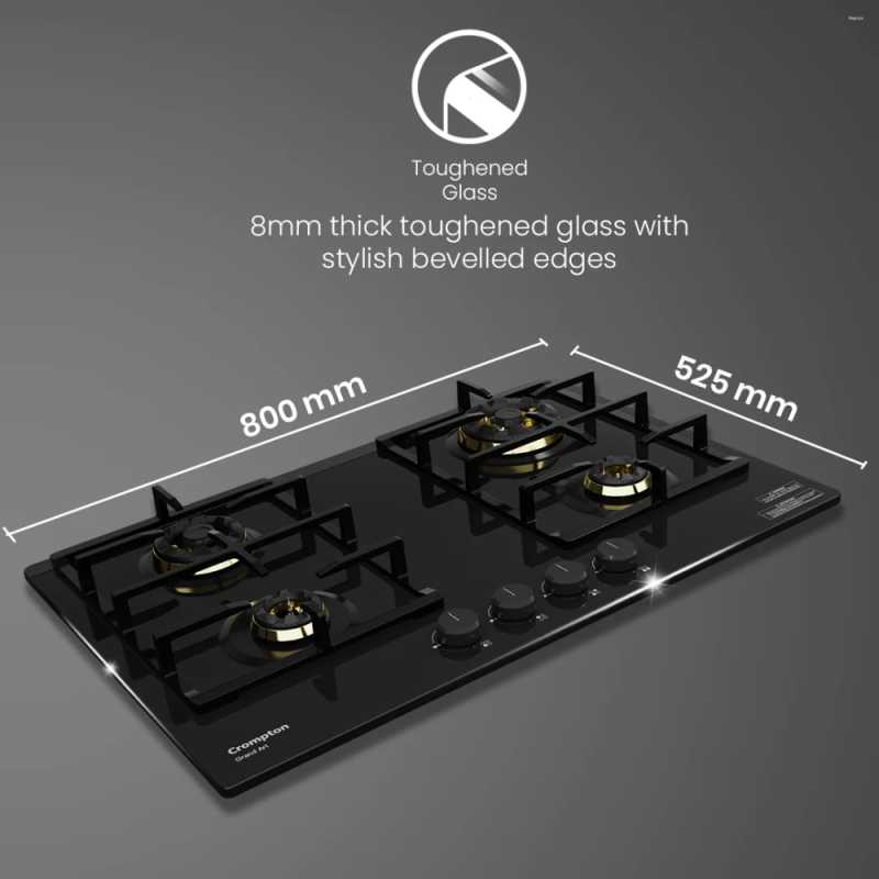 Crompton GrandArt 80cm 4 Burner Built-in Gas Hob with Full Brass 3D Burners & Flame Failure Safety (HOB-GAFB804-MBL)