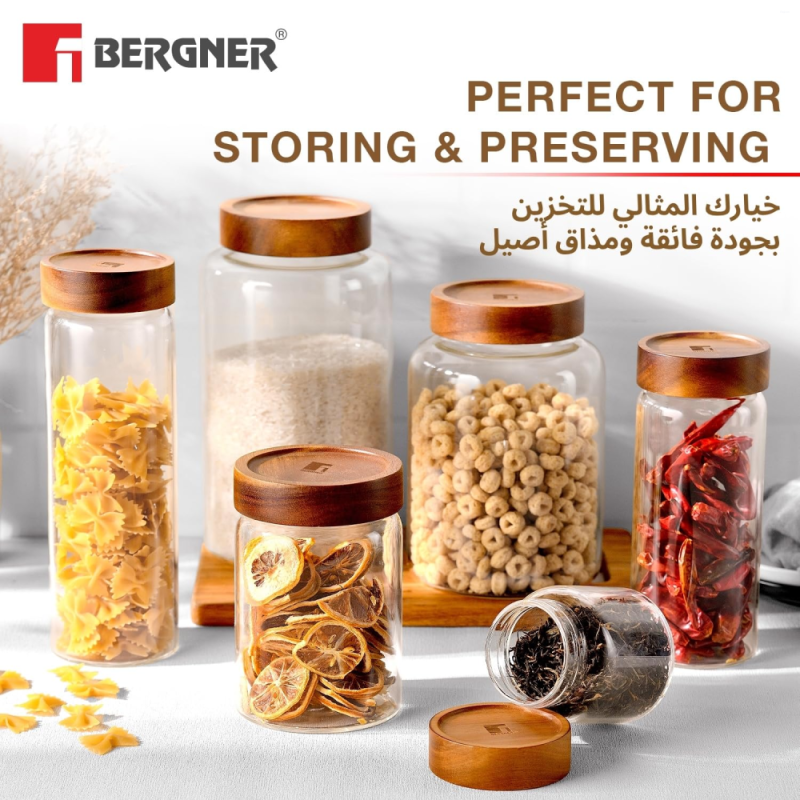 Bergner Acadia Square Storage Jar 900ml Borosilicate Glass, Acacia Wood Lid BG-20574-MM