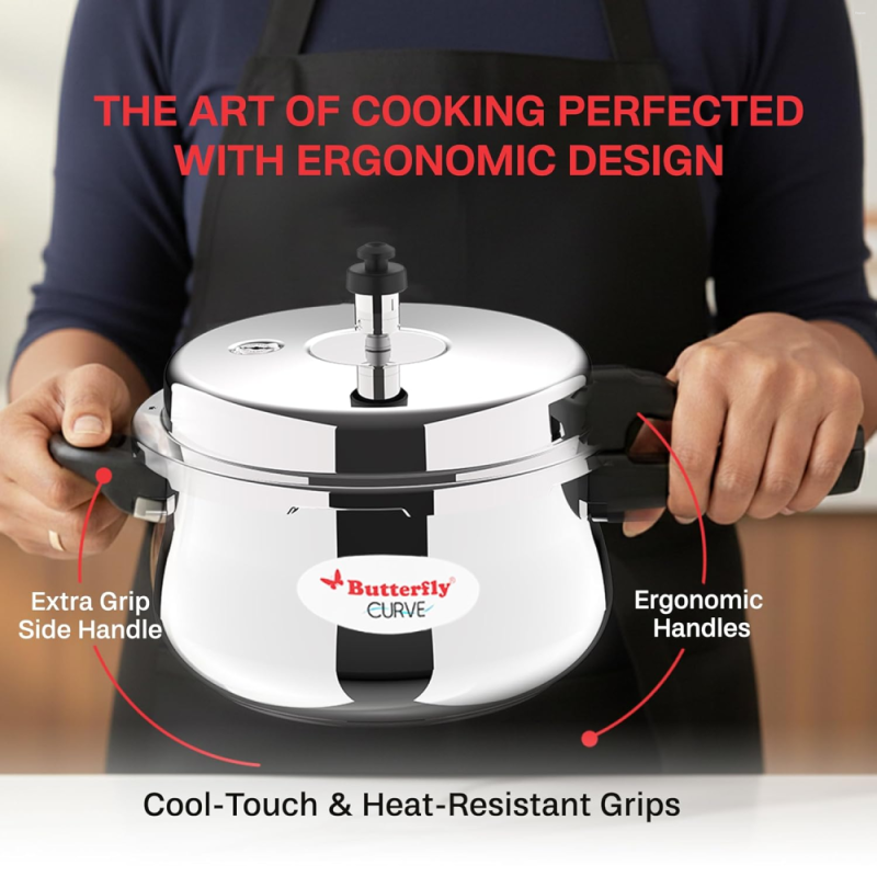 Butterfly Curve 3 Litre Stainless Steel Pressure Cooker with Outer Lid, Induction Base & Stay-Cool Handle