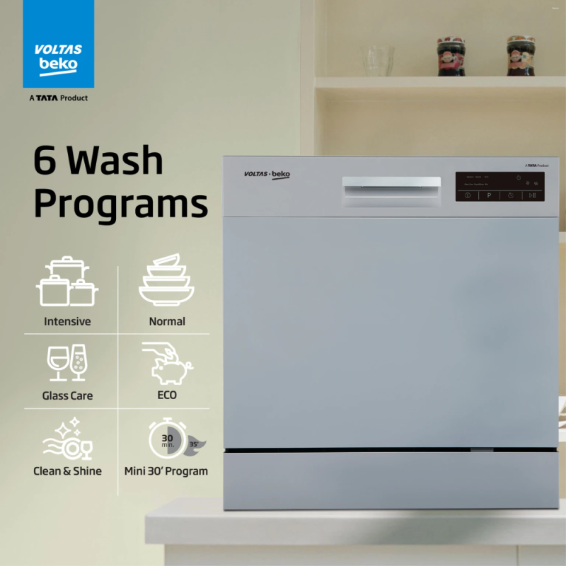 Voltas Beko DT8S 8 Place Settings Table Top Dishwasher with Inbuilt Heater, 6 Wash Programs, 8 L Water Consumption, Silver