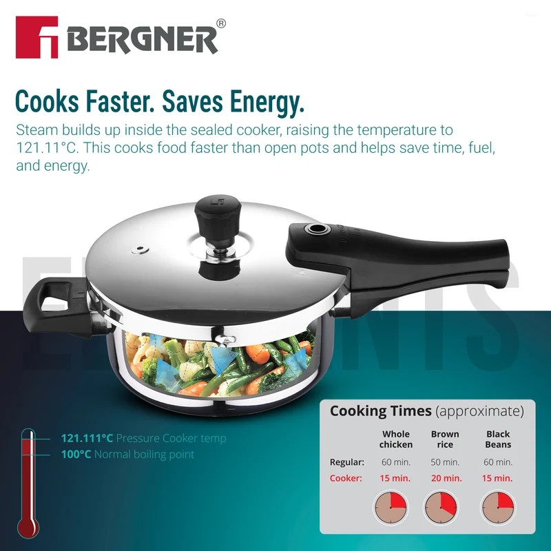 Bergner Argent Elements Elements SS Pressure Pan 3.5L Tri-Ply Stainless Steel, Induction Ready BGD-9704-MM