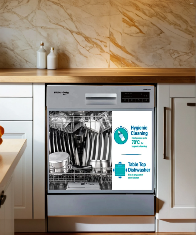 Voltas Beko DT8S 8 Place Settings Table Top Dishwasher with Inbuilt Heater, 6 Wash Programs, 8 L Water Consumption, Silver