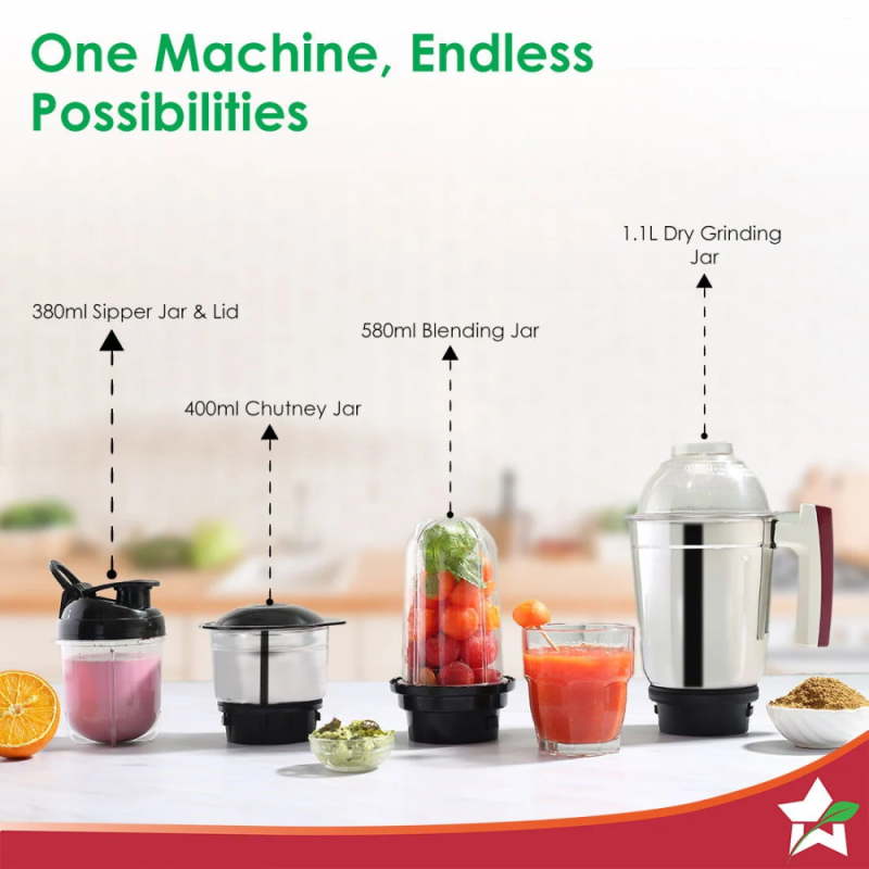 Wonderchef Acura Plus 500W 4-Jar Mixer Grinder with 1.5 L Dry Grinding Jar, Sipper Jar, 3-Speed & Pulse Function