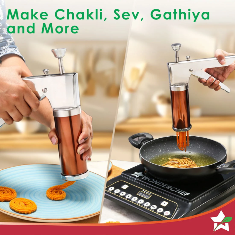Wonderchef Snacks Maker with 12 Jalis, Stainless Steel Manual Press for Sev, Bhujiya, Chakli, Murukku & Papdi