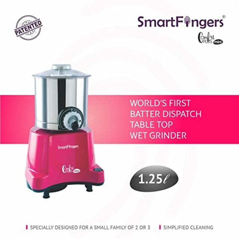 SmartFingers 1.25 L Comfort Plus Mini Wet Grinder with Atta Kneader Attachment, 120W Motor, Hands-Free Batter Dispenser