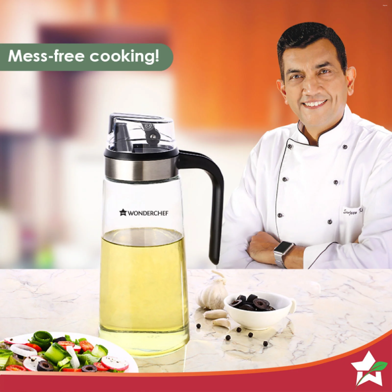 Wonderchef No Drip Oil Pourer 600ml, Glass & Plastic, Gravity Mechanism, Spill-Proof & Transparent