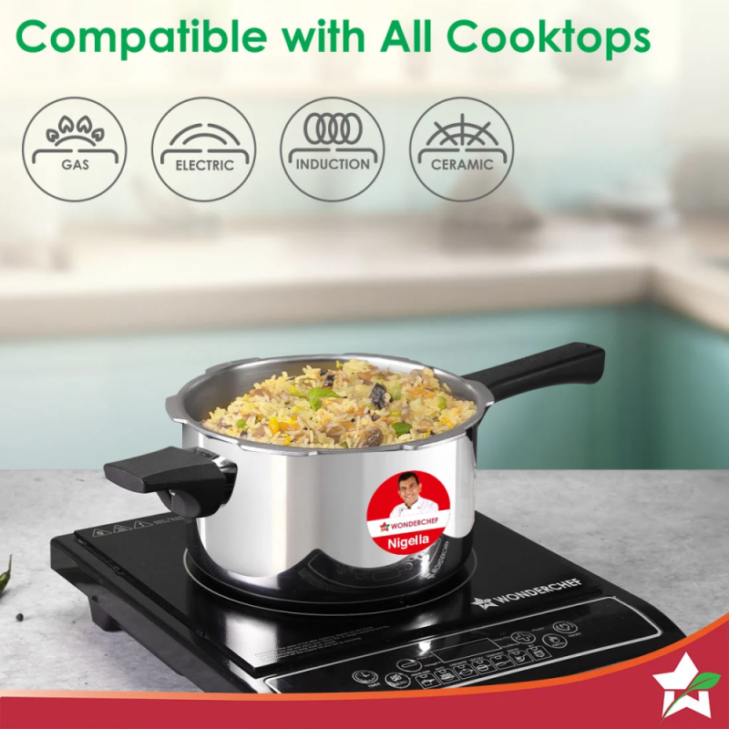 Wonderchef Nigella Tri-Ply 5L Outer Lid Pressure Cooker, 18/10 Stainless Steel, ISI Certified, Induction & Gas Compatible