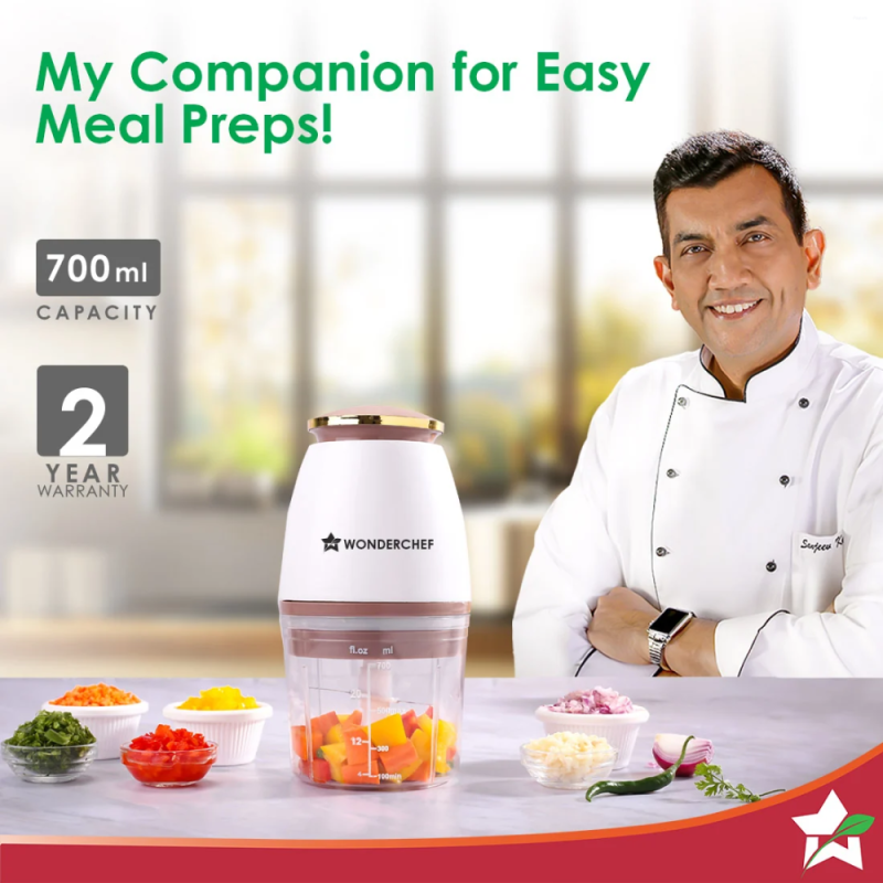 Wonderchef Nutri-Chop Pearl 700ml 350W Electric Chopper, 4 Stainless Steel Blades, Low Noise & Anti-Skid Base