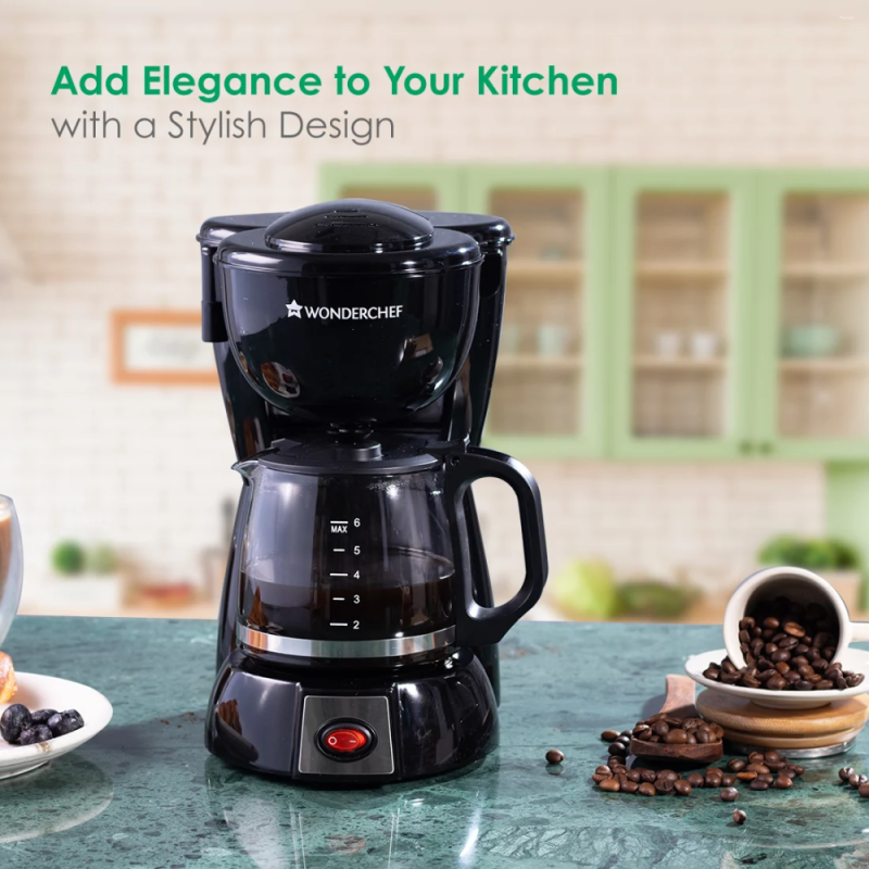 Wonderchef Onyx Brew 600W 750ml Drip Coffee Maker, 6 Cups, Borosilicate Glass Carafe, Hot Plate & Anti-Drip