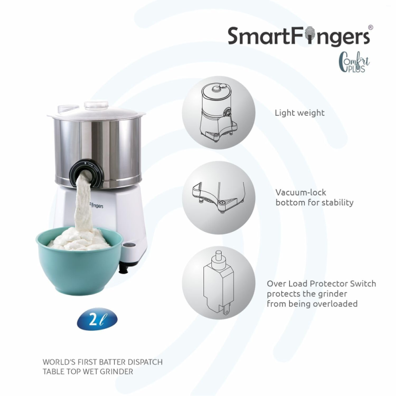 SmartFingers 2 L Comfort Plus Wet Grinder with Atta Kneader Attachment, 150W Motor, Hands-Free Batter Dispenser