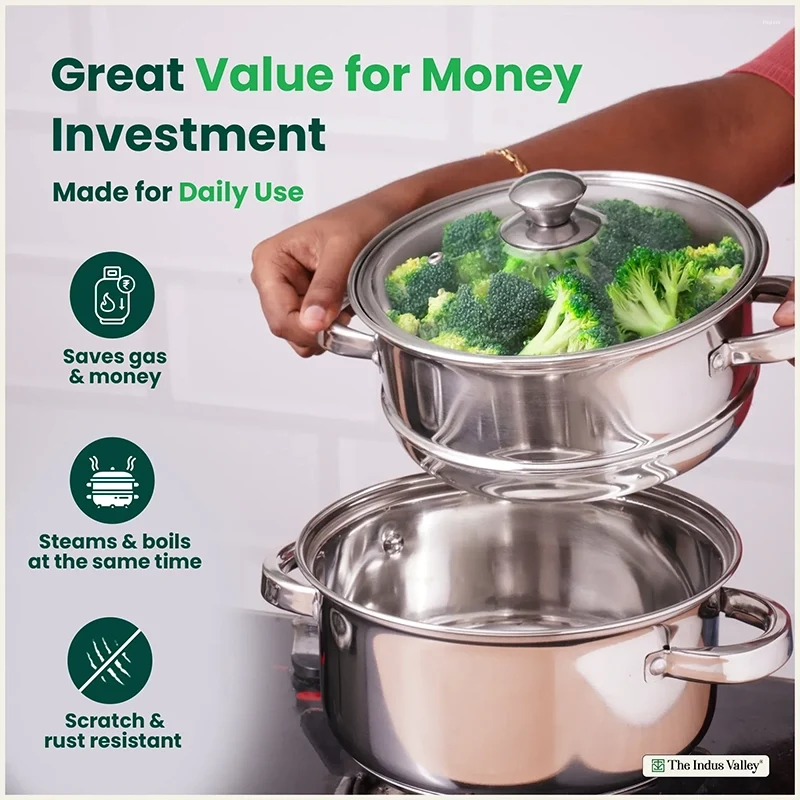 The Indus Valley 22cm Steamer Stainless Steel, 2 Tier KC-SS-ST-004