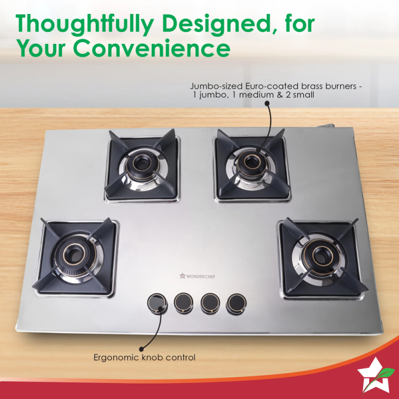 Wonderchef Inox 4 Brass Burner Manual Hobtop, 2mm Stainless Steel, LPG, SABAF Leak-Proof Valves