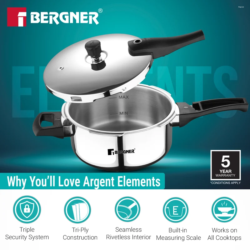 Bergner Argent Elements Elements SS Pressure Pan 3.5L Tri-Ply Stainless Steel, Induction Ready BGD-9704-MM