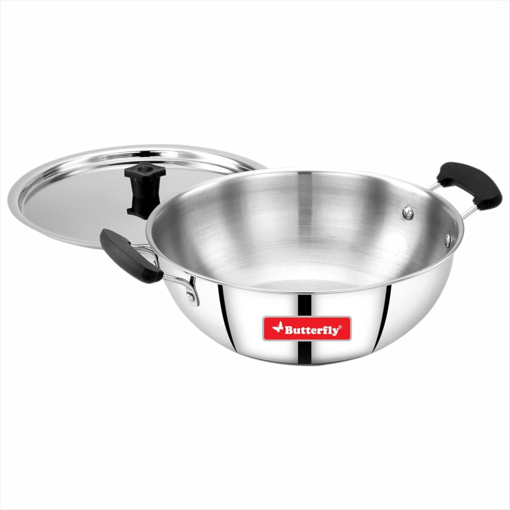Butterfly Classic 5-Piece Stainless Steel Cookware Set with 22 cm Fry Pan, 22 cm Kadai & 16 cm Saucepan, Induction Base