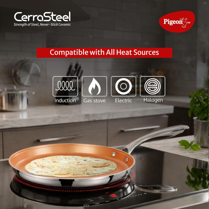 Pigeon CerraSteel Flat Tawa 310 30 cm Non-Stick Cookware, Copper Colour
