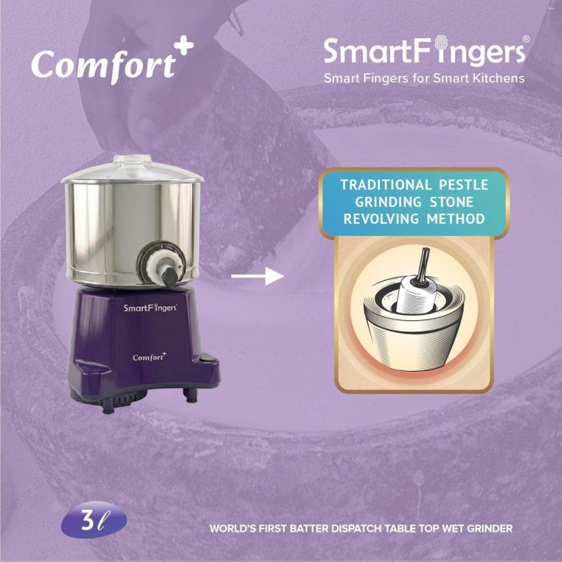SmartFingers 3 L Comfort Plus Wet Grinder with Attachment, Hands-Free Batter Dispenser, Stainless Steel Drum