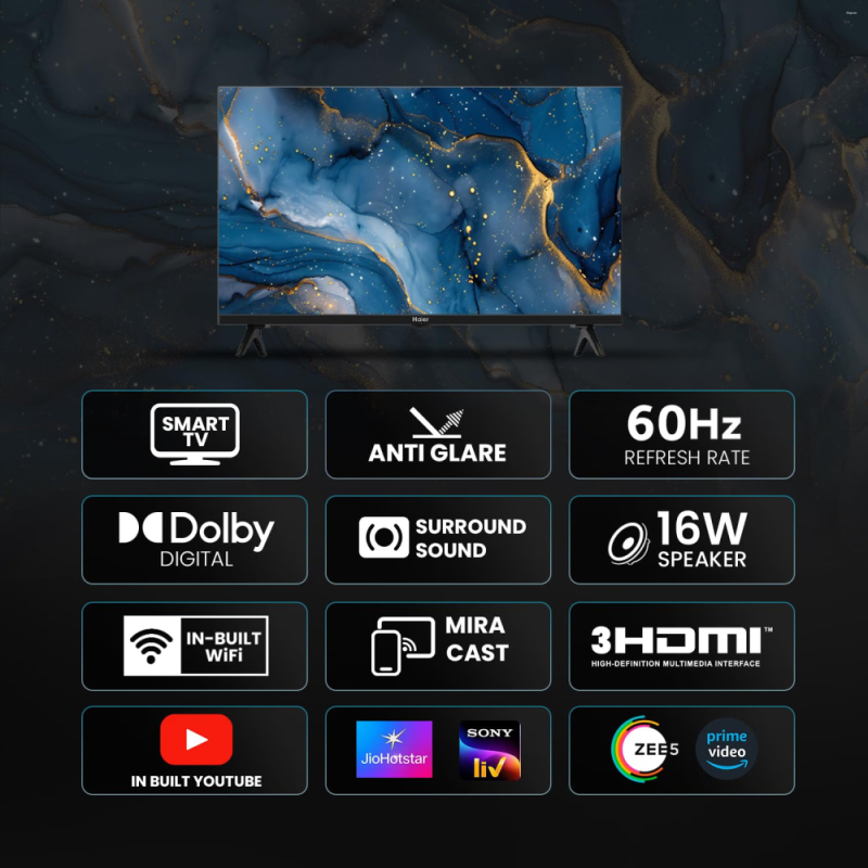 Haier 32 Inch HD Ready Smart TV with Bezel-less Design, HDR, 16W Dolby Digital & 3 HDMI LE32A7-N-HIL