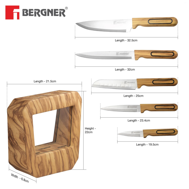 Bergner Olive Garden Olive Garden 6PC Knife Set 6 Pcs Stainless Steel, Wooden-Tone Handle BG-39213-MM