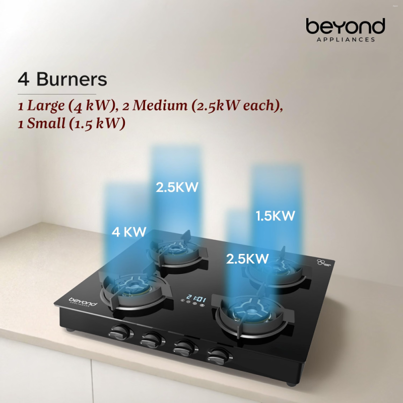 Beyond by BeyondNXT Auriga Pro BA-4B-AU-FB-64-CT-V2 4 Burner Full Brass Gas Cooktop with Auto Ignition, Digital Timer & Flame Failure Device