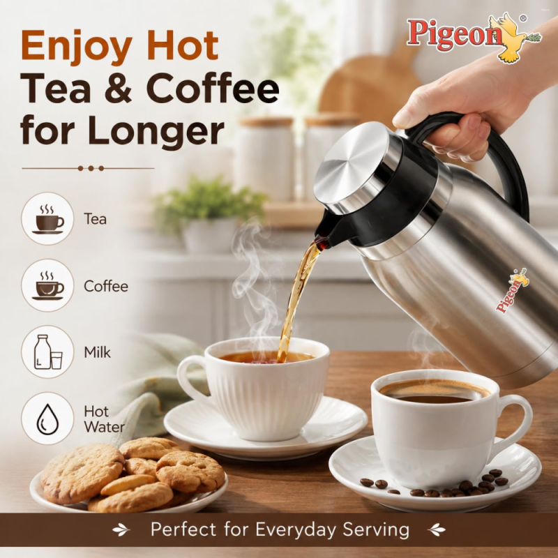 Pigeon Hot Shot 500 ml Stainless Steel Insulated Tea Jug with Double-Wall Vacuum Insulation & Leak-Proof Lid