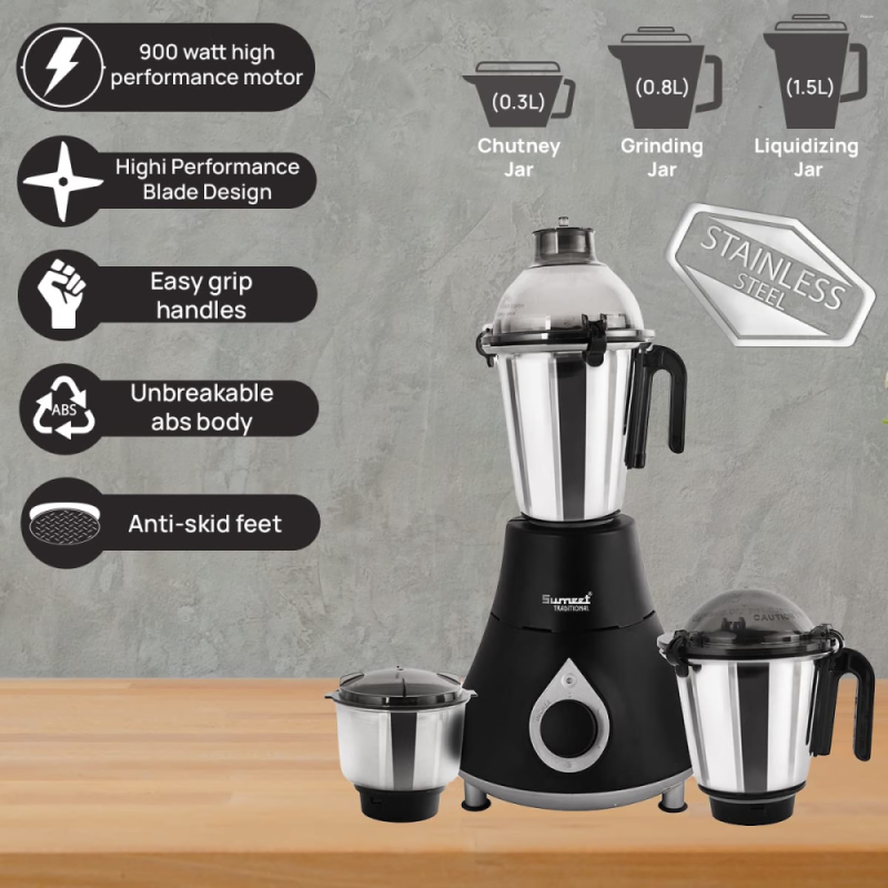 Sumeet Traditional Zenith 900W Mixer Grinder with 3 Stainless Steel Jars, Copper Motor & Safety Lock