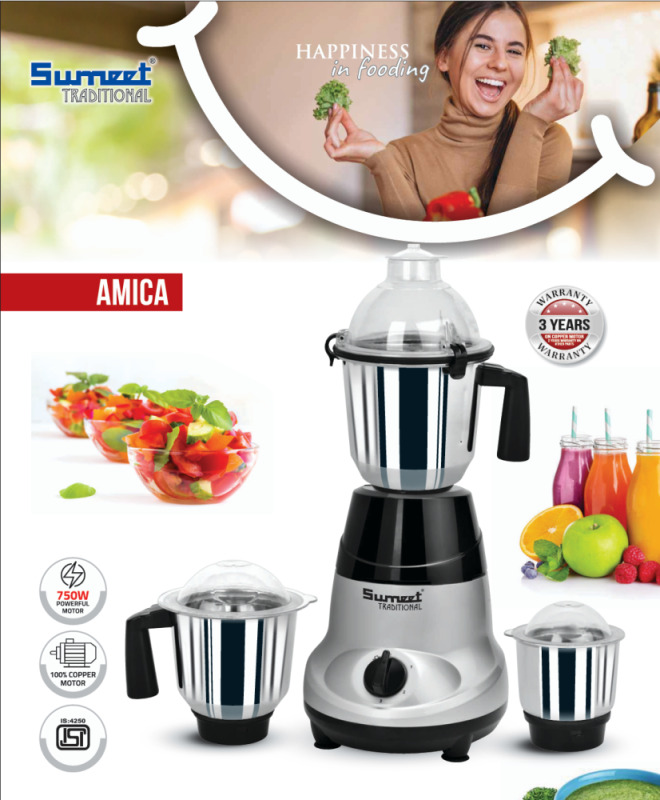 Sumeet Traditional Amica 750W Mixer Grinder with 3 Stainless Steel Jars, Copper Motor & 3-Speed Control