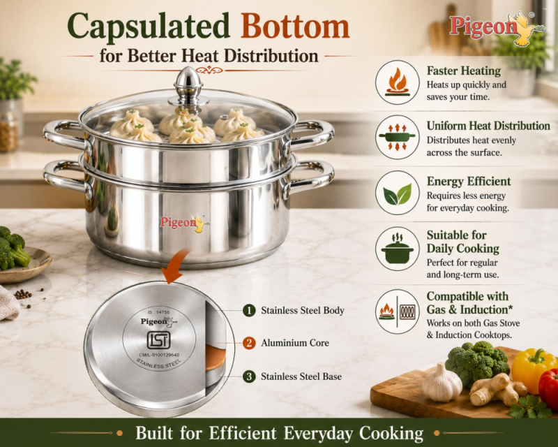 Pigeon Elantra 2-Tier 20 cm Stainless Steel Steamer Pot with Tempered Glass Lid, Induction Base & Dishwasher-Safe Design