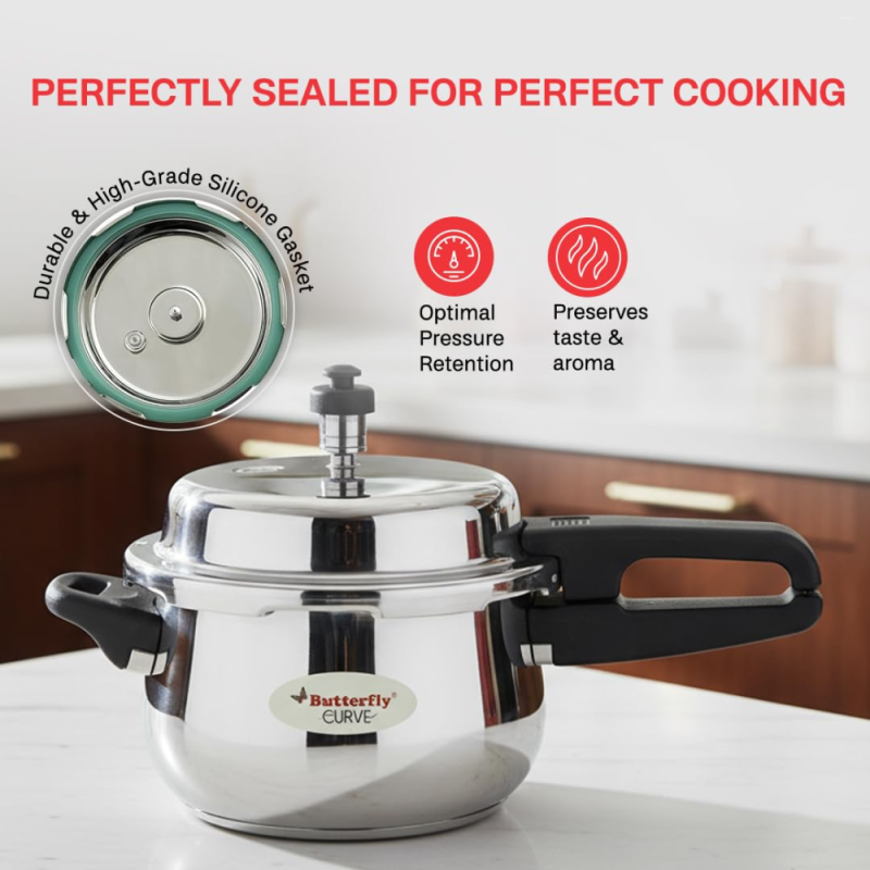 Butterfly Curve 3 Litre Stainless Steel Pressure Cooker with Outer Lid, Induction Base & Stay-Cool Handle
