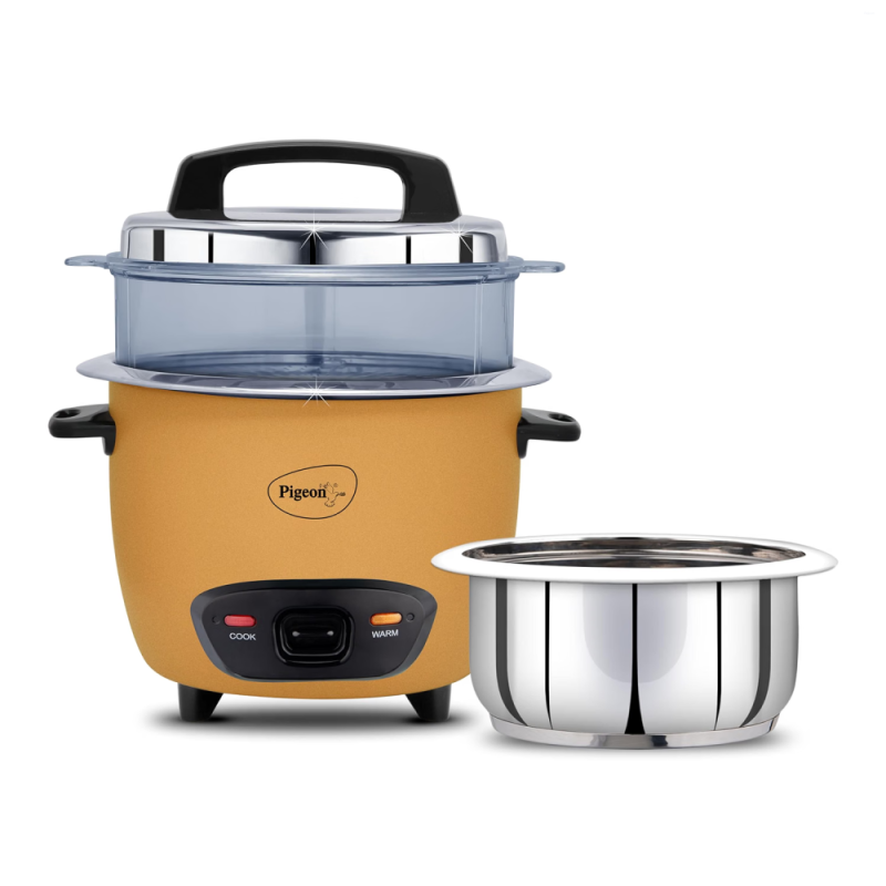 Pigeon Inox Pro 1.8L Electric Rice Cooker with Stainless Steel Single Pot, Cook & Keep-Warm Function, 700W, Yellow