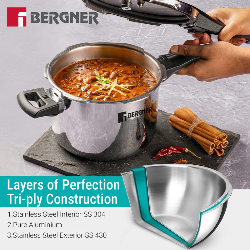 Bergner Argent Elements Elements SS Pressure Cooker 1.5L Tri-Ply Stainless Steel, Induction Ready BGD-9700-MM