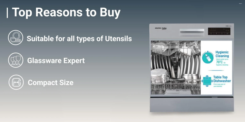 Voltas Beko DT8S 8 Place Settings Table Top Dishwasher with Inbuilt Heater, 6 Wash Programs, 8 L Water Consumption, Silver