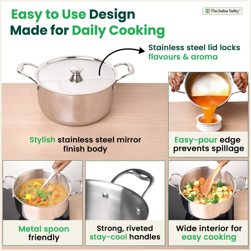 The Indus Valley 20cm Casserole Tri-Ply Stainless Steel KC-TP-CRT-001