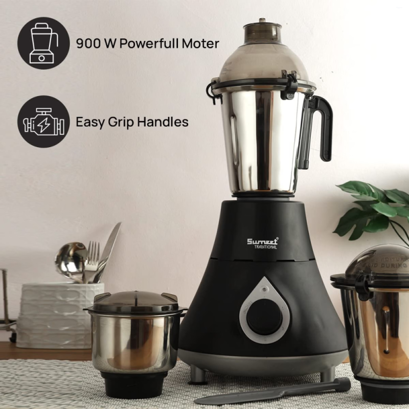 Sumeet Traditional Zenith 900W Mixer Grinder with 3 Stainless Steel Jars, Copper Motor & Safety Lock