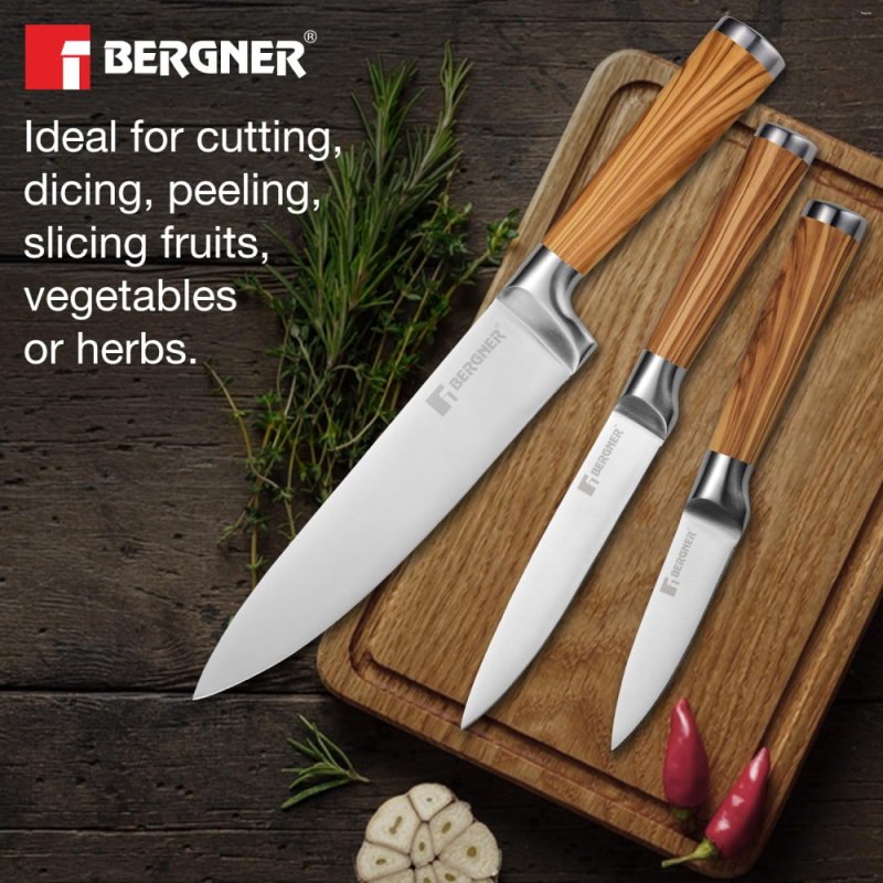 Bergner Olive Garden Olive Garden 3PC Knife Set 3 Pcs Stainless Steel, Wooden-Tone Handle BG-39194-MM