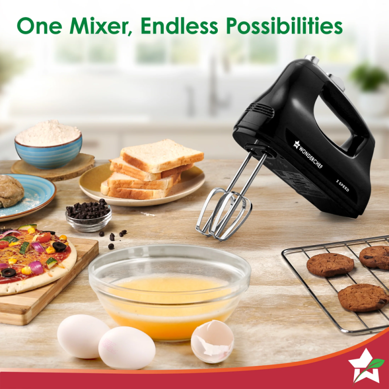 Wonderchef Essenza 300W 3-Speed Electric Hand Mixer, Stainless Steel Beaters & Dough Hooks, Low Noise